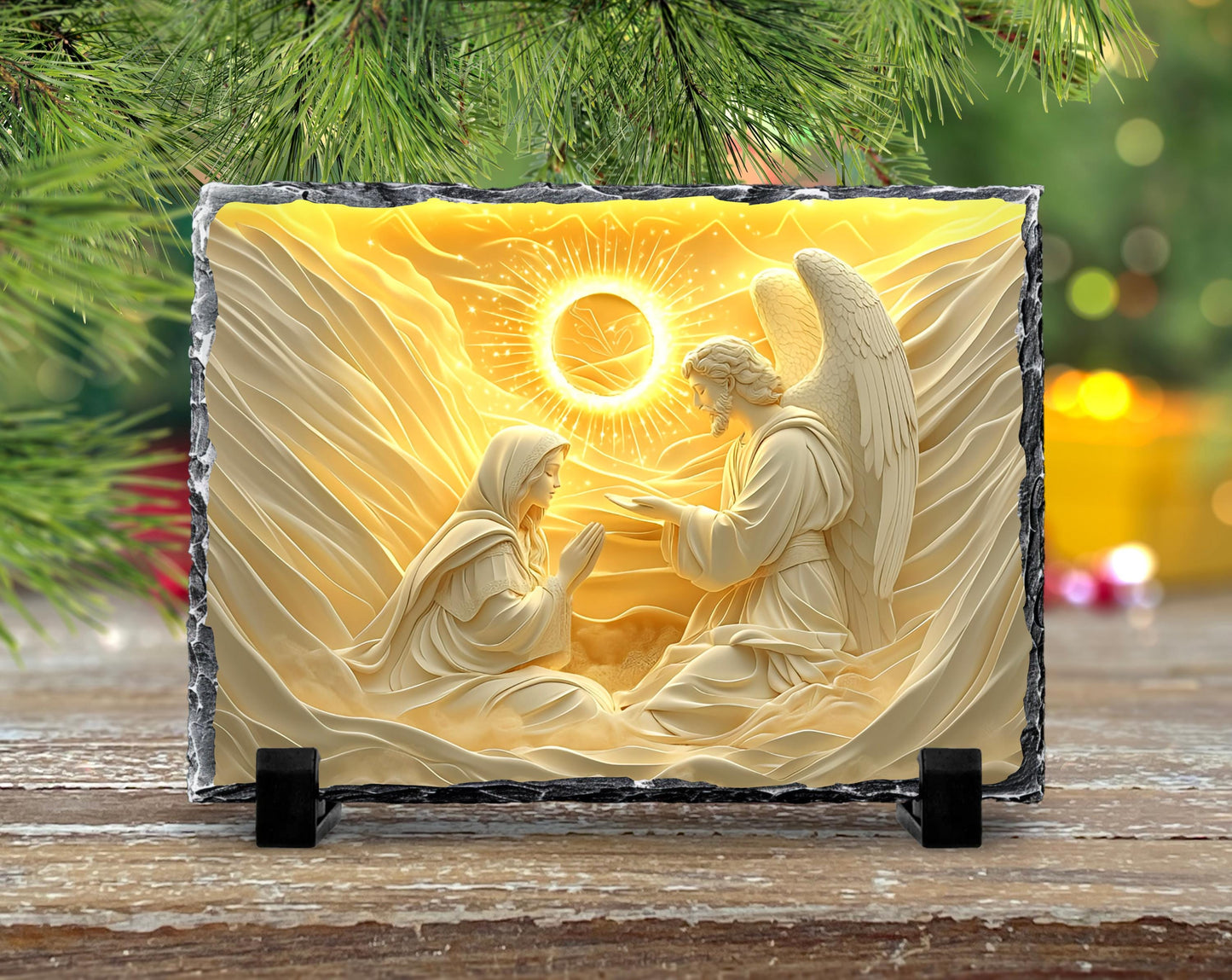 3D Mary with Angel Slate Plaque - Gold Sun Design Fractured Edges