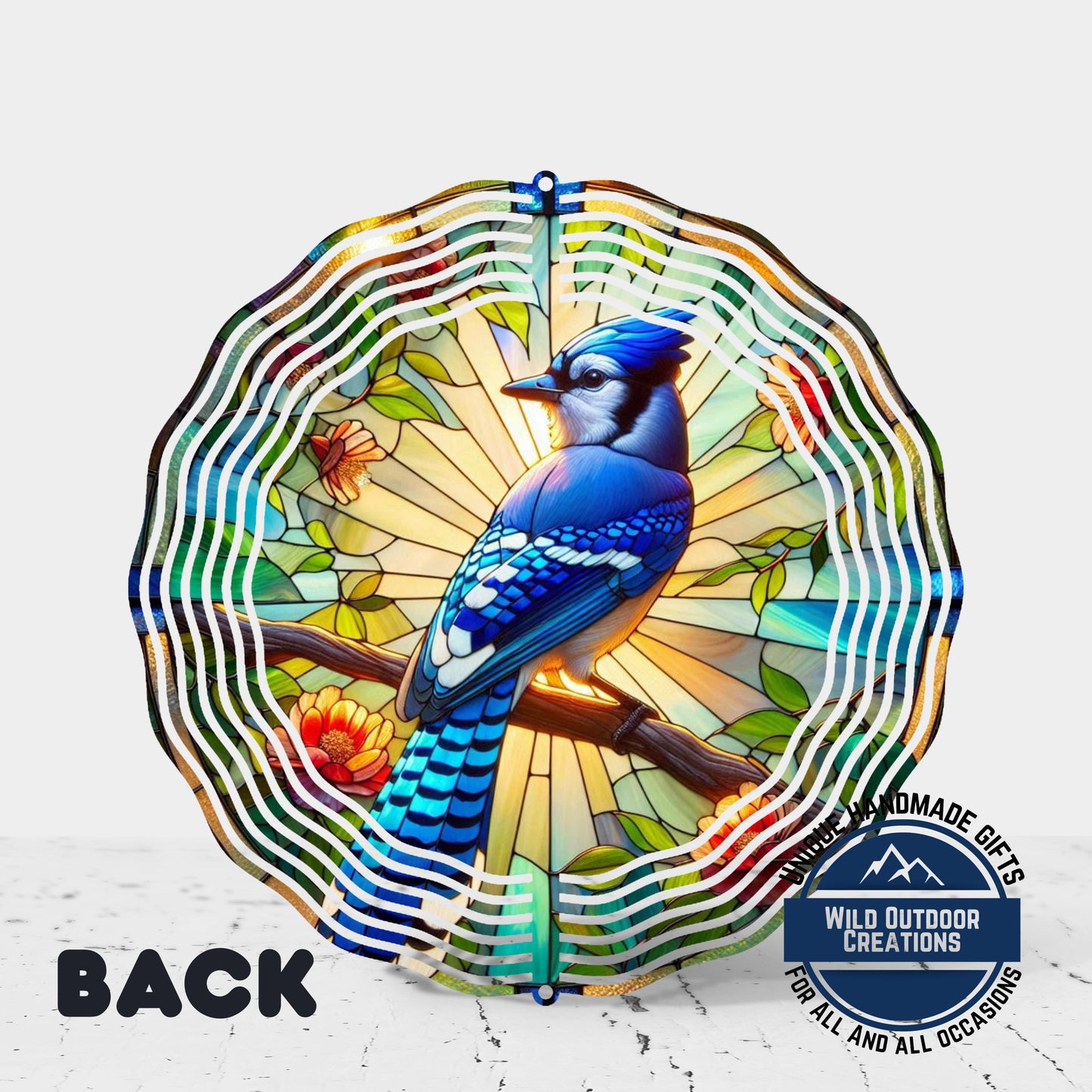Blue Jay Wind Spinner – 10 Inch Aluminum Garden Spinner with Faux Stained Glass Decor