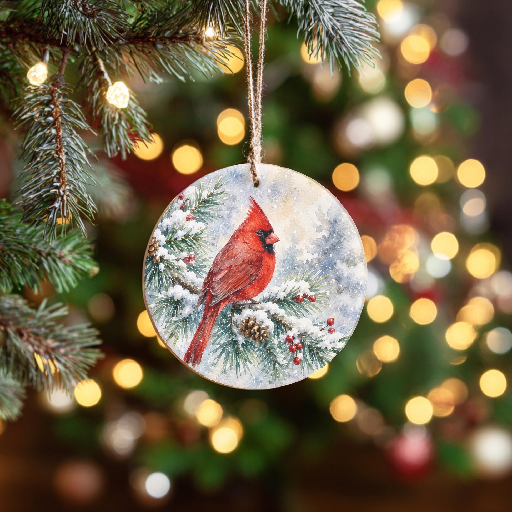 A red cardinal bird ornament is hanging from a Christmas tree, surrounded by twinkling lights and greenery.