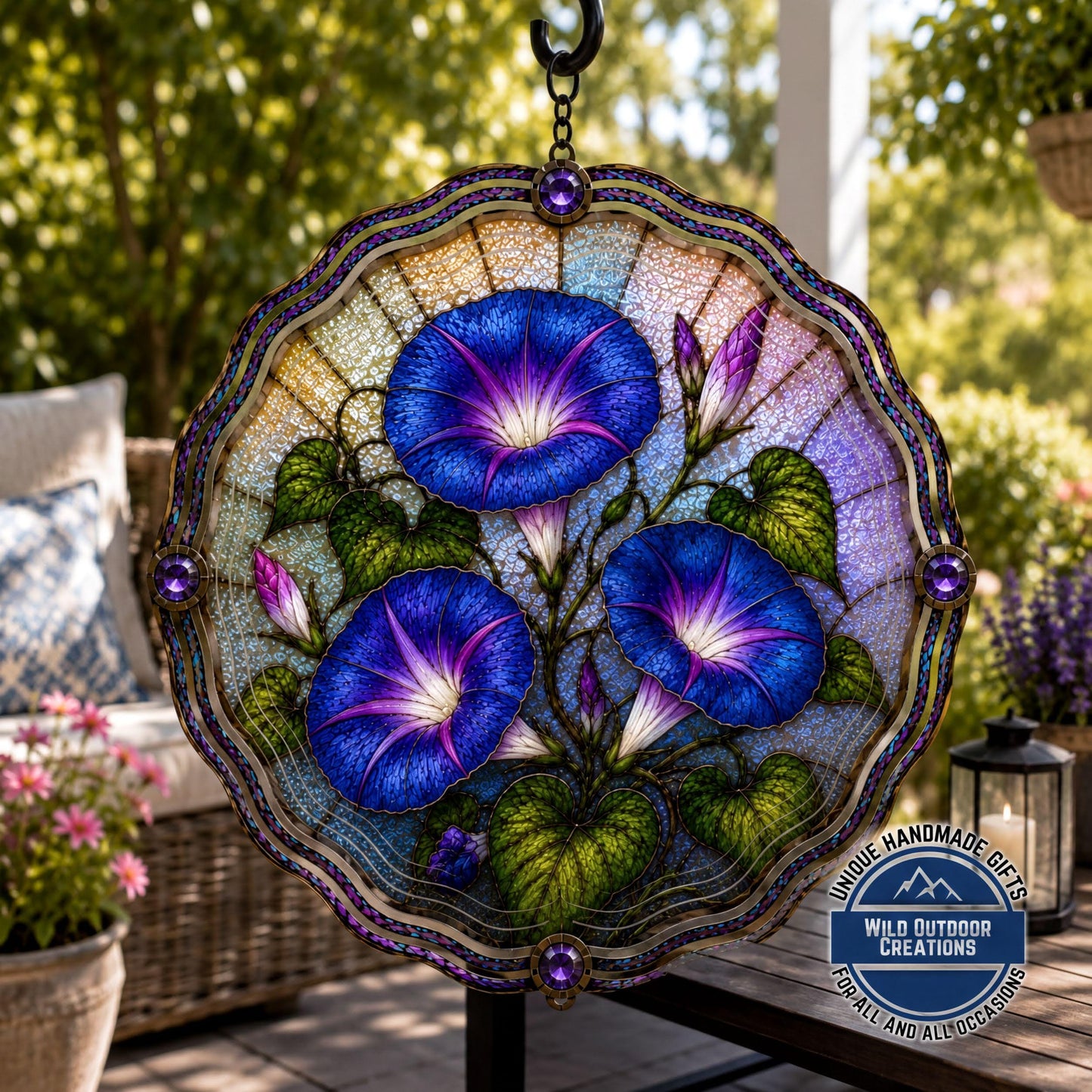 September Birth Flower Wind Spinner Morning Glory Faux Stained Glass Garden Gift Yard Art