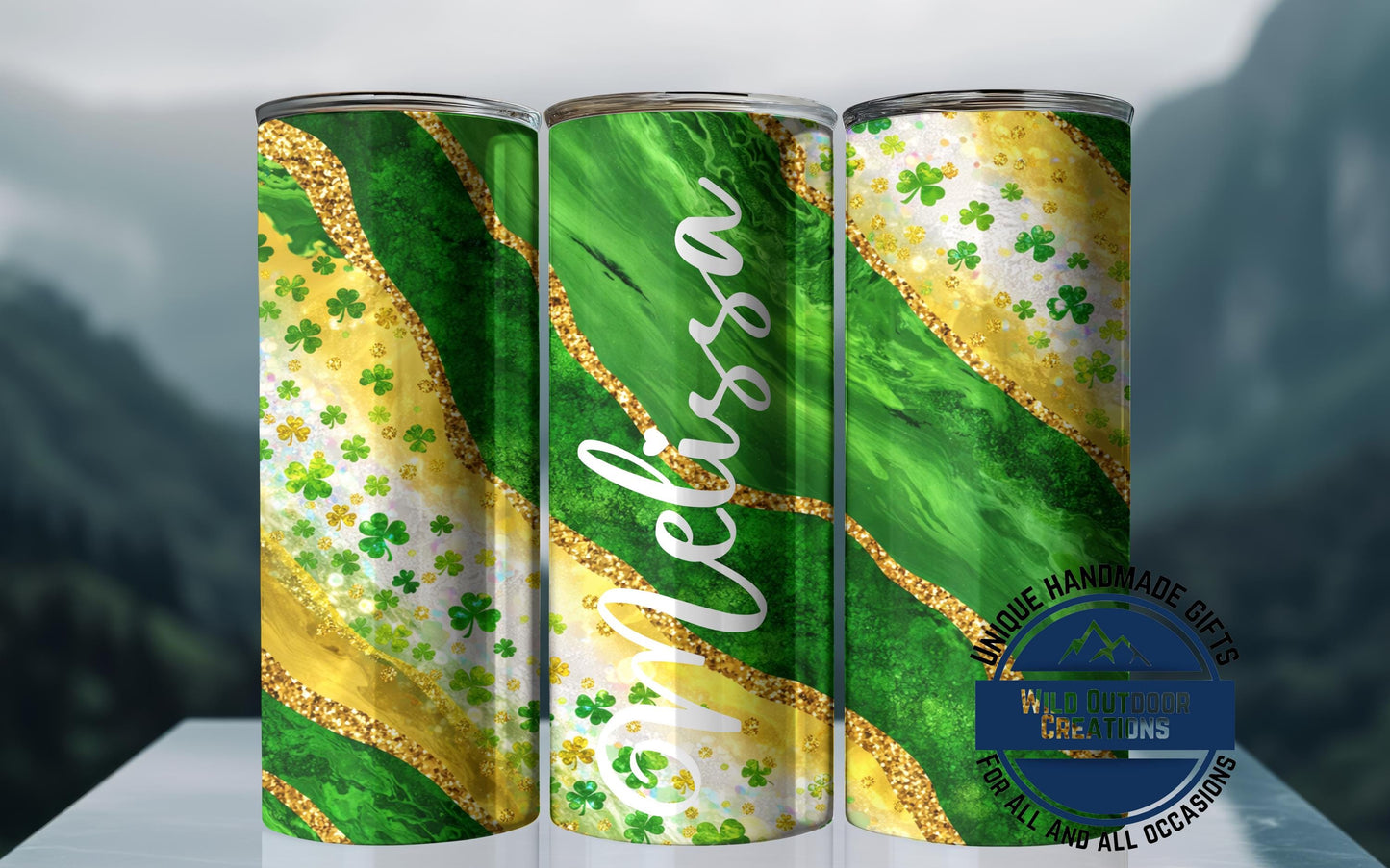 St Patrick's Day Tumbler - Custom Skinny Glow Green Cup With Name & Reusable Straw - showing lid and straw detail