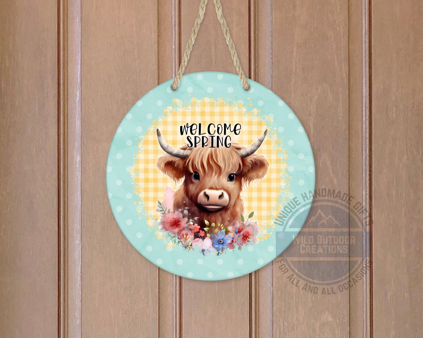 Welcome Spring Sign - Highland Cow Decor | Round Aluminum Front Porch Sign