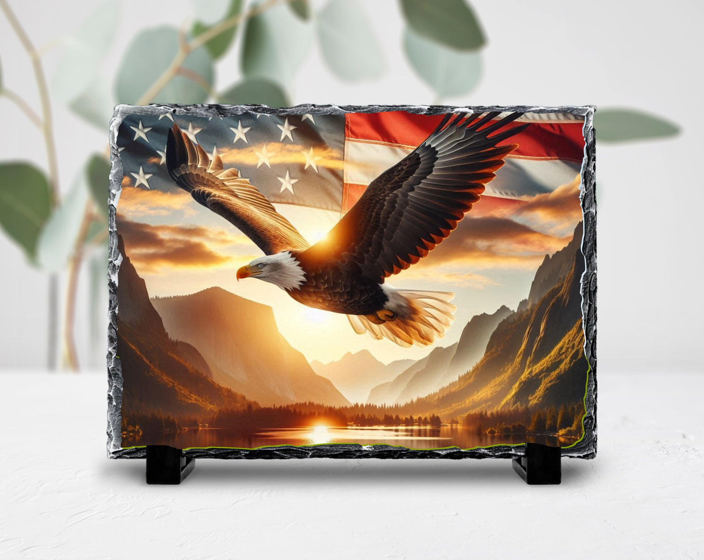 Patriotic Slate Sign - Bald Eagle Decor with American Flag Art, Rustic Slate Sign