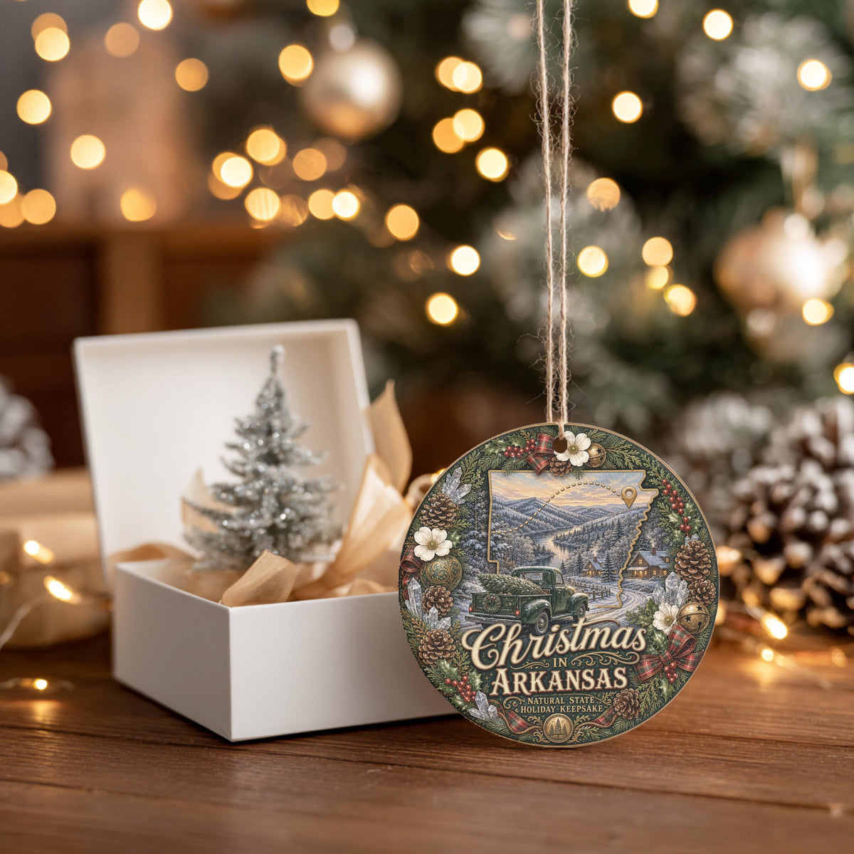 Arkansas Christmas Ornament, Vintage Truck River Ceramic Keepsake