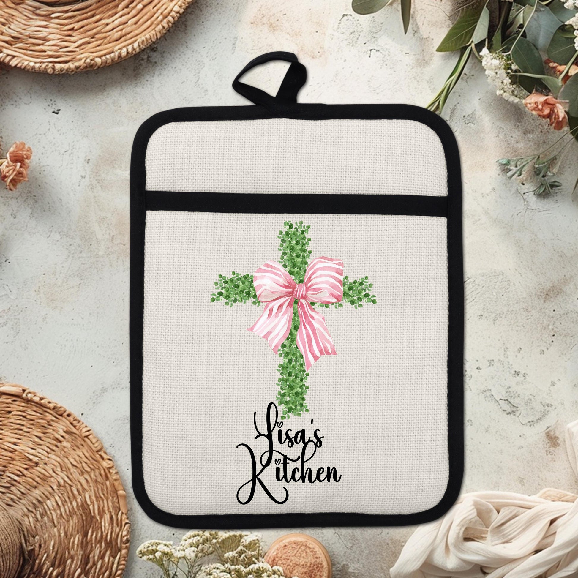 Personalized Cross Pot Holder – Pink Floral Cross, Custom Name Kitchen Gift - product dimensions and specifications