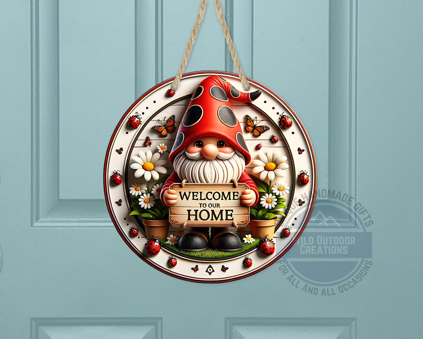 Welcome Gnome Door Hanger - Red Hat Gnome with Daisy & Ladybug Accents