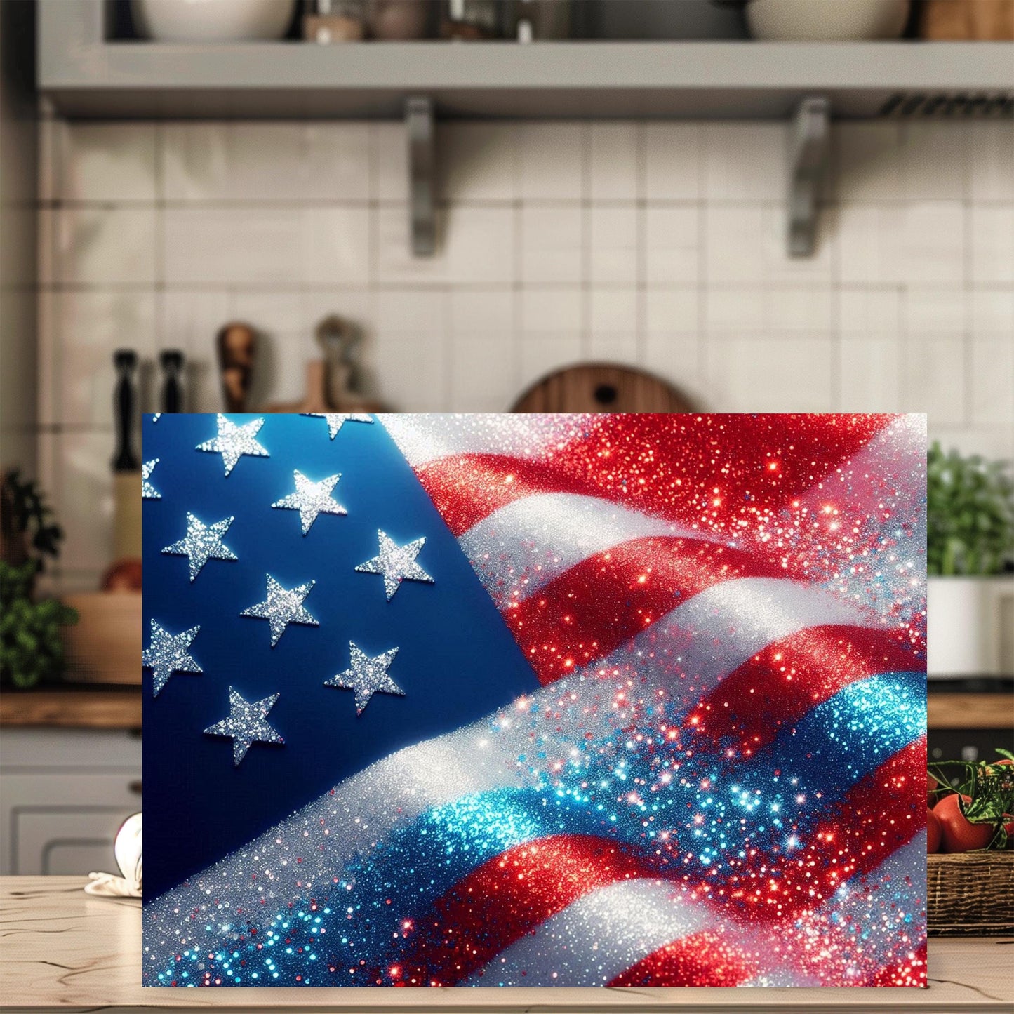 Patriotic Faux Glitter Cutting Board, Large Kitchen Glass Board, Hostess Housewarming Gift, Functional Art, Countertop Decor, Culinary Decor