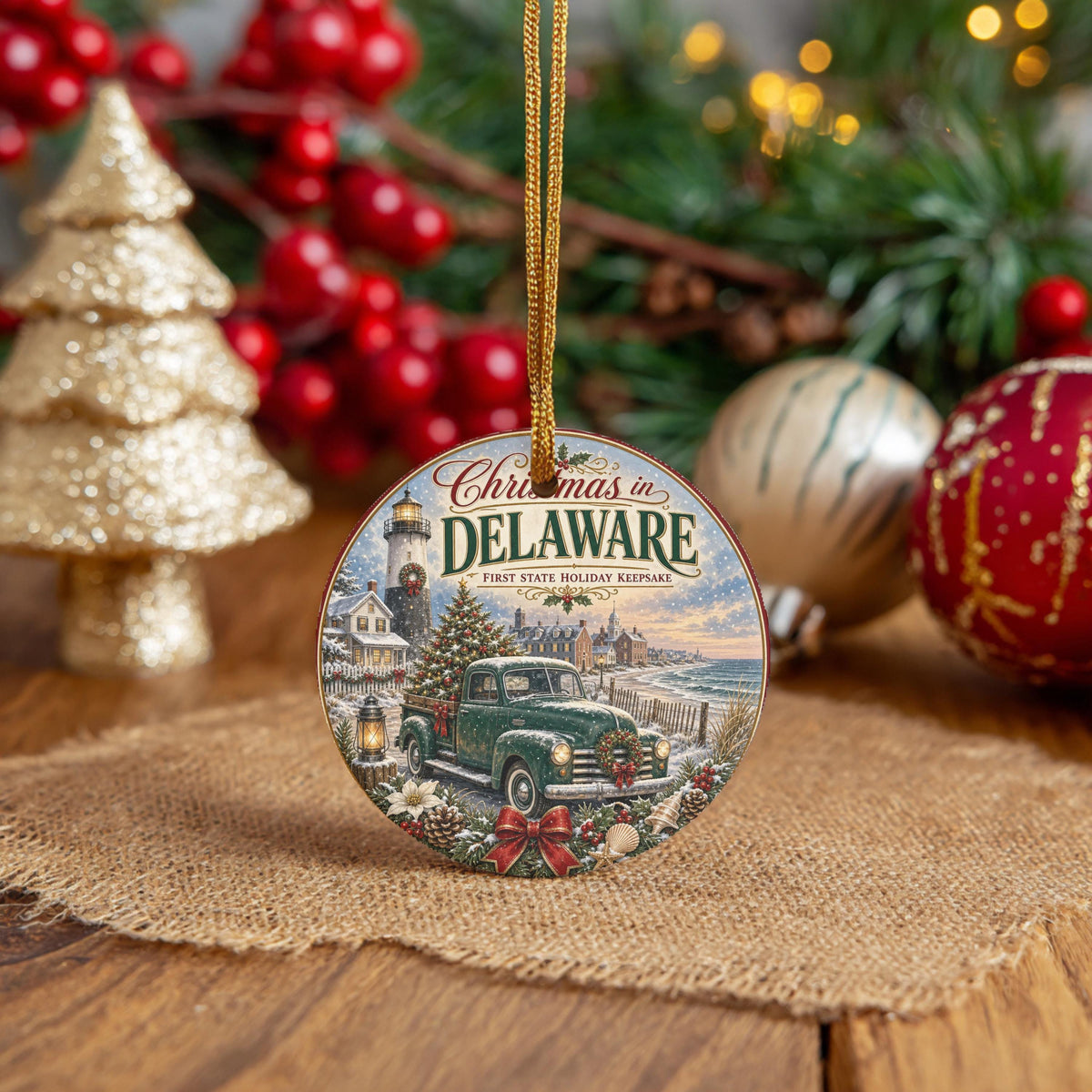 Delaware Christmas Ornament, Coastal Lighthouse Vintage Truck Art