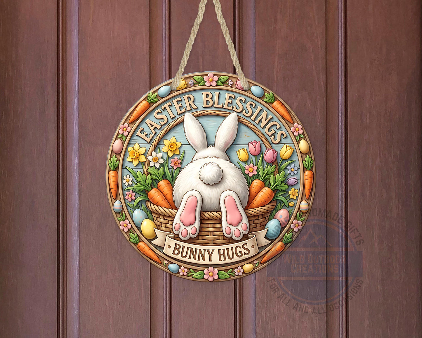 Easter Door Hanger - Round Aluminum Bunny Hugs Sign | Spring Porch Decor - displayed on front door