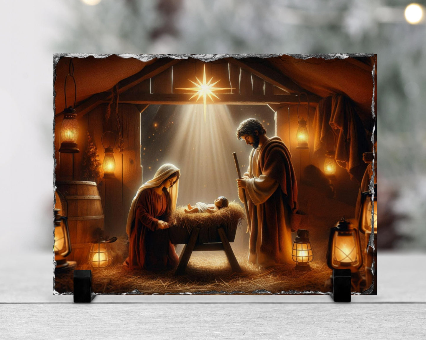 Religious Slate Wall Art - Mary  Jesus Nativity Scene with Fractured Edges - Unique Christmas Home Decor Gift
