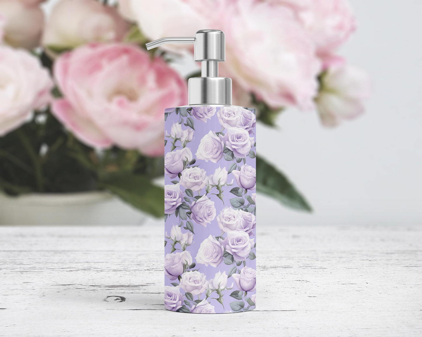Stainless Steel Hand Soap or Lotion Pump Dispenser with Elegant Purple Roses - Unique Housewarming Gift for Her