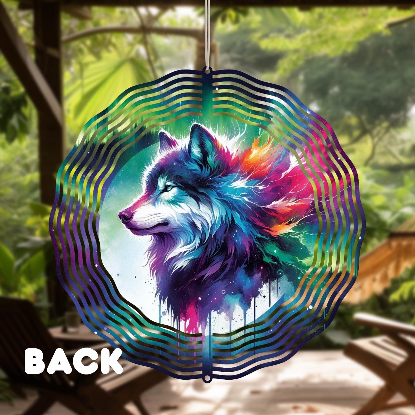 Double-Sided Wolf Profile Wind Spinner with Northern Lights Mountain Scene - Outdoor Art 10x10