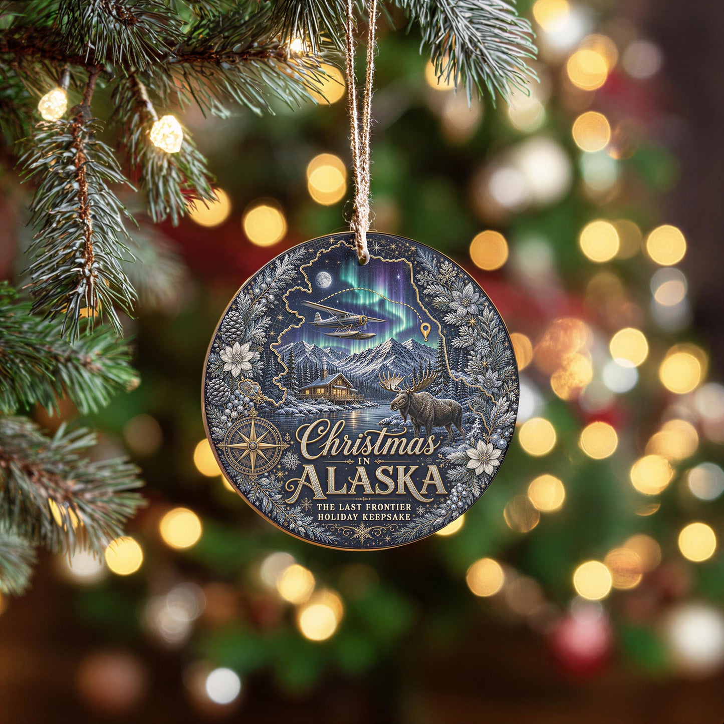 Alaska Ornament - Northern Lights Moose Cabin, 3 Inch Ceramic Tree