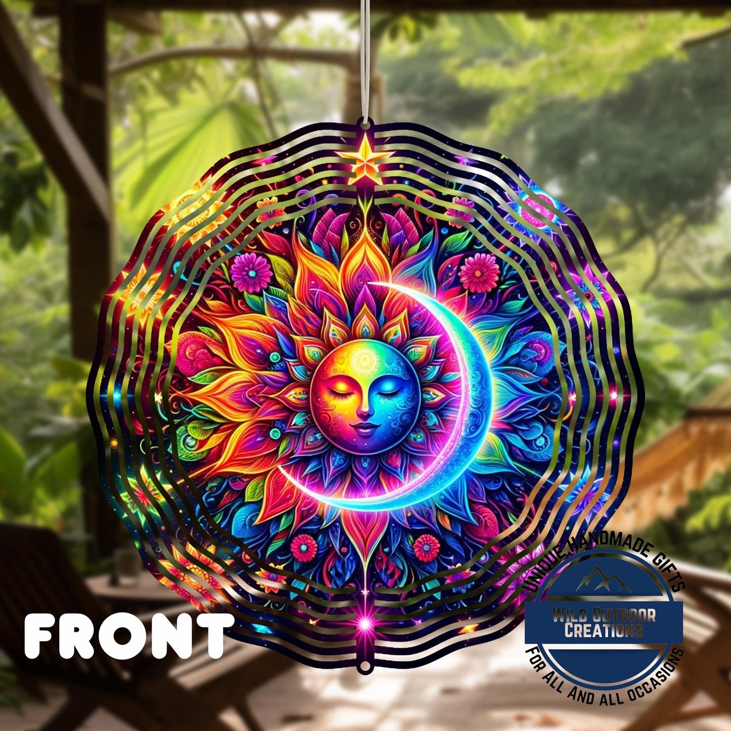 Celestial Wind Spinner - Neon Sun Moon Design | Double Sided Aluminum Spinner