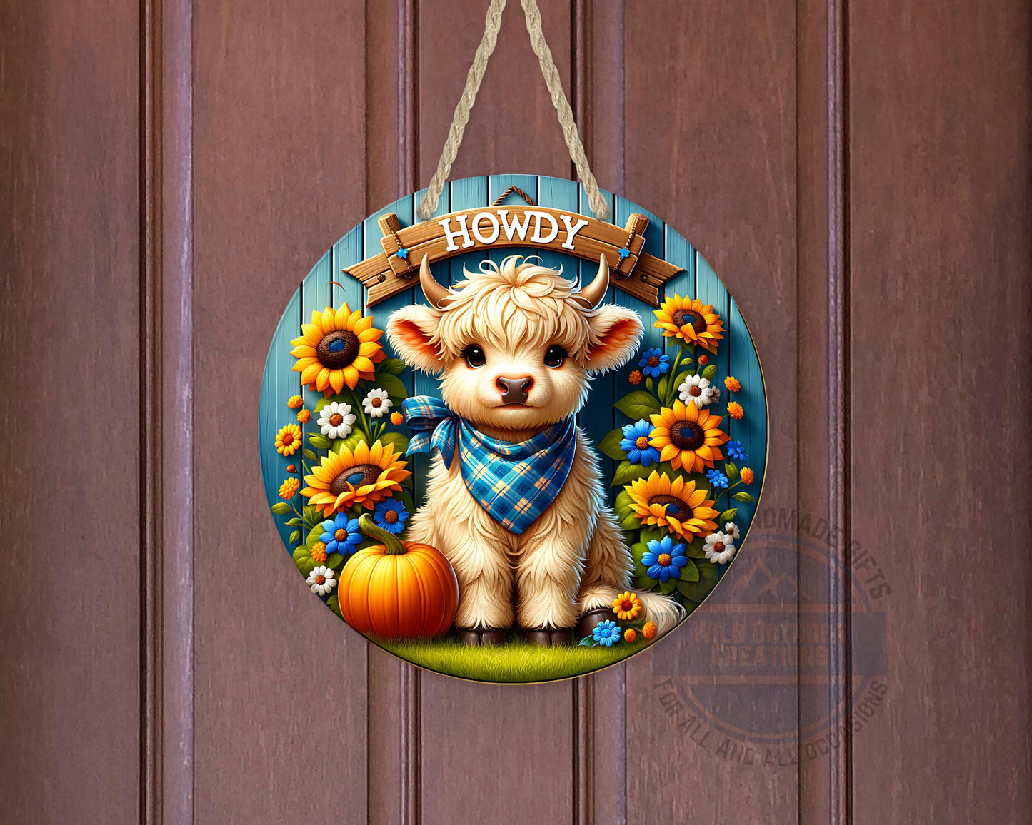 Farmhouse Door Hanger - Aluminum Round Sign with Highland Cow Decor, Blue Plaid