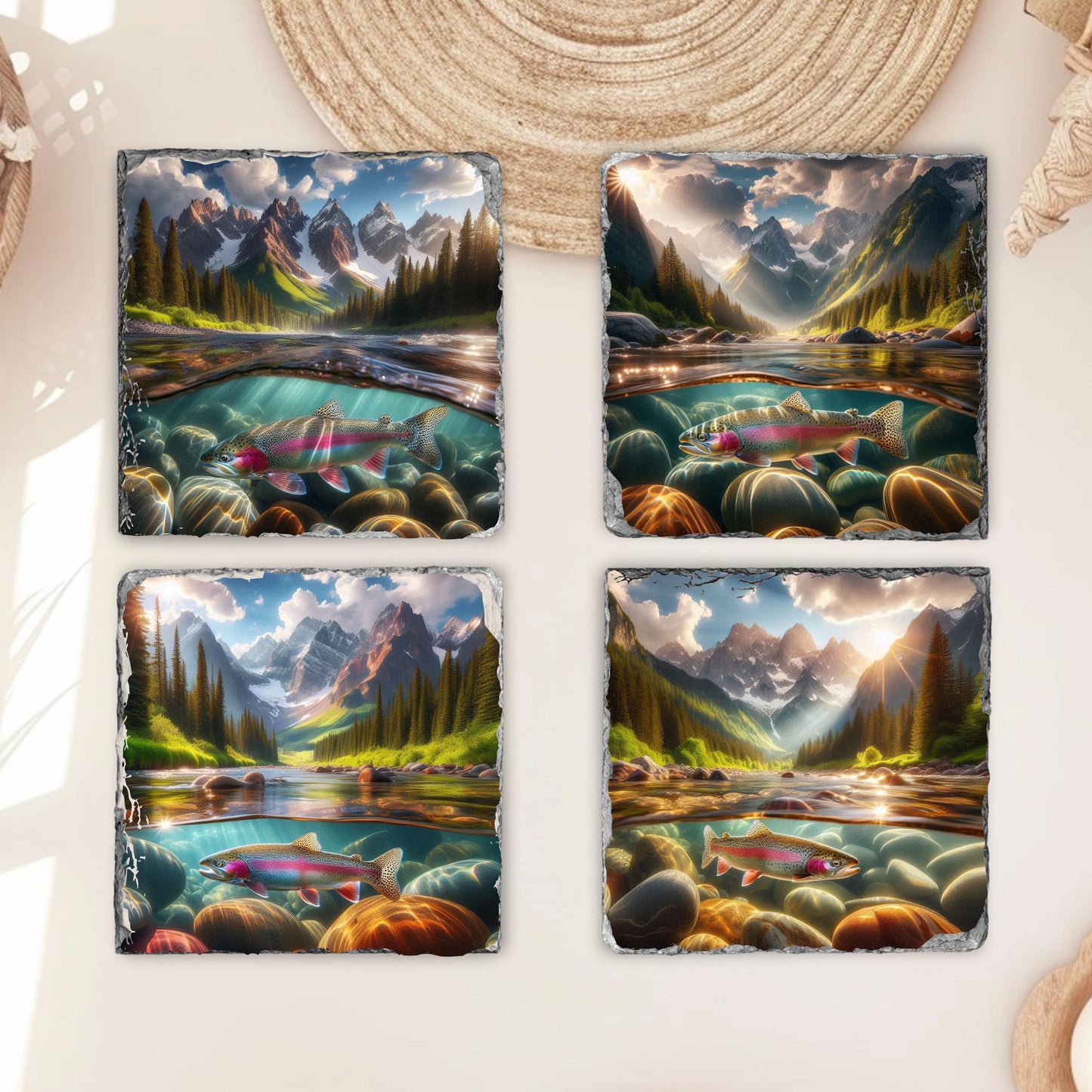 Rainbow Trout Slate Coaster Set with Fractured Edges - Ideal Gift for Fishermen and Outdoor Lovers