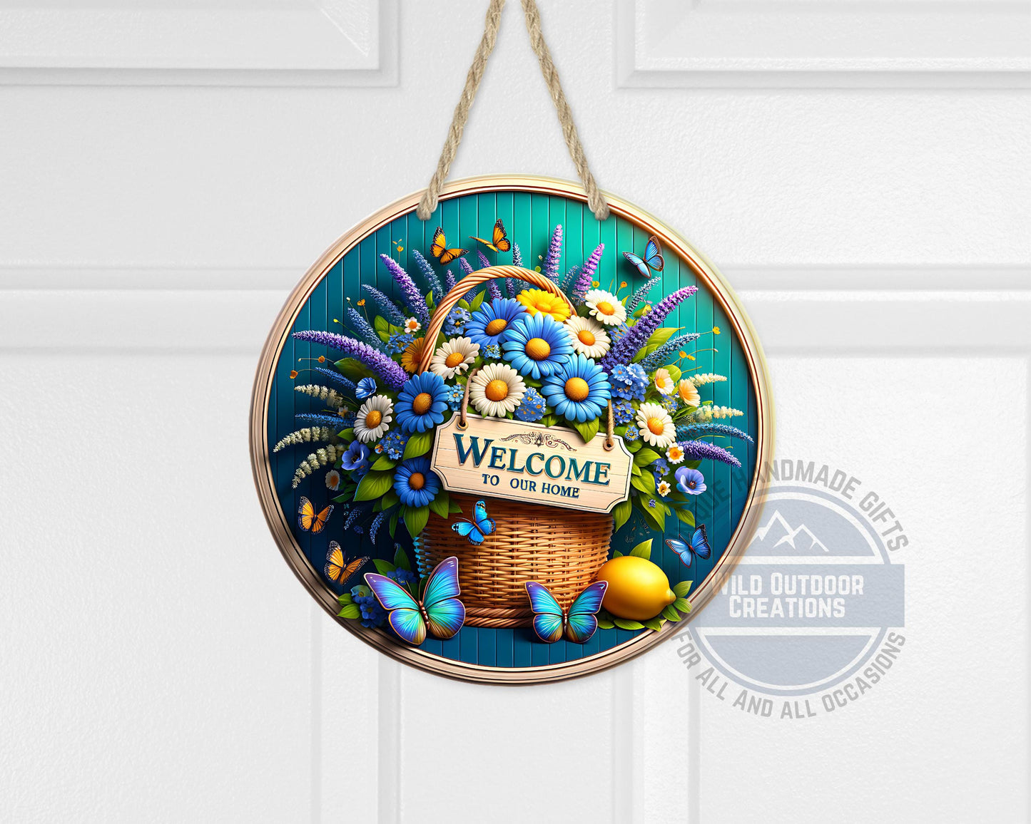 Welcome Door Sign – Blue Daisy Floral Basket | Outdoor Aluminum Porch Decor