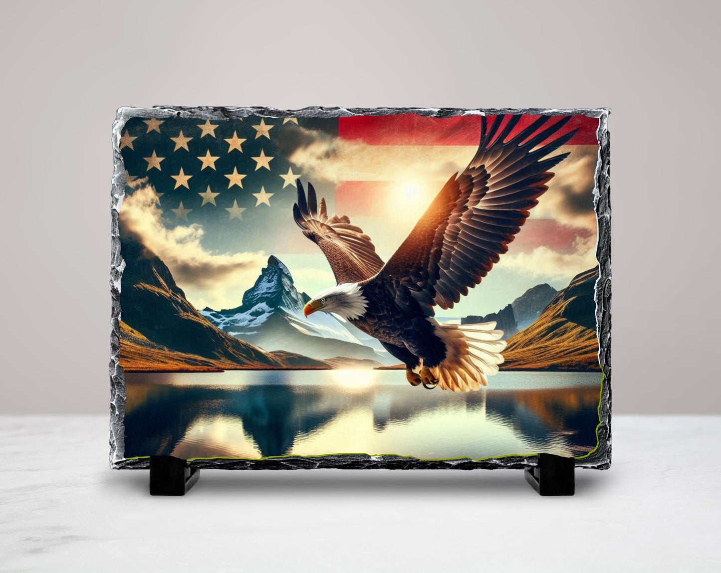 Patriotic Slate Sign - Bald Eagle Decor With American Flag Art & Mountain Lake