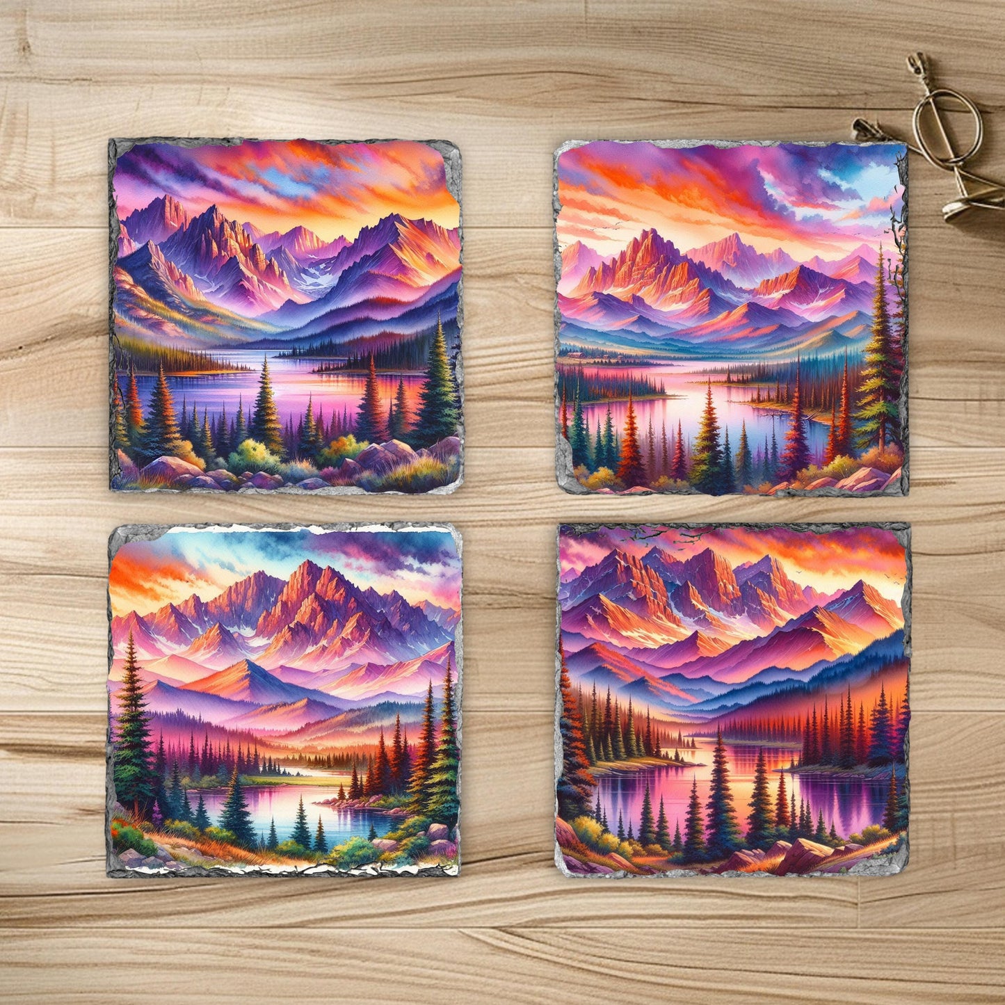 Slate Coaster Set with Vibrant Sunset Mountain Lake Images  Fractured Edges Perfect Gift for Nature Lovers