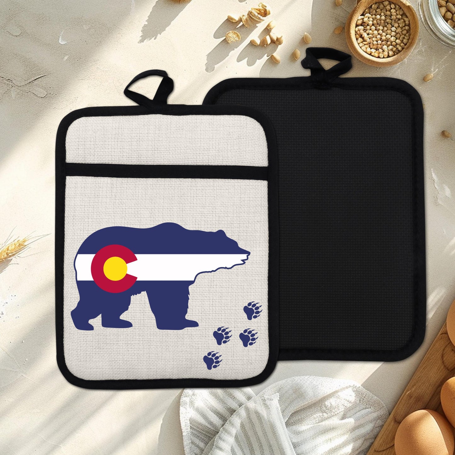 Pot Holder Oven Mitt - Colorado Bear Design | Silicone Pot Holder, Linen Fabric