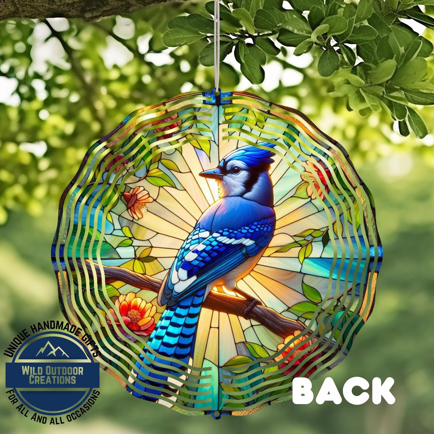 Blue Jay Wind Spinner – 10 Inch Aluminum Garden Spinner with Faux Stained Glass Decor