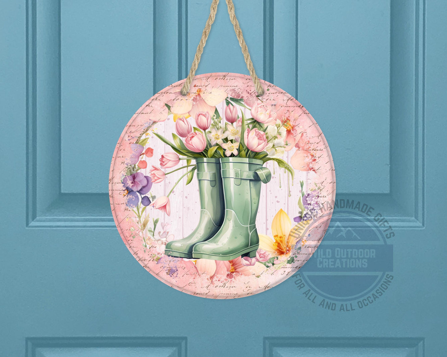 Spring Garden Boots - Pink Tulip Floral Door Hanger | Rustic Farmhouse Charm