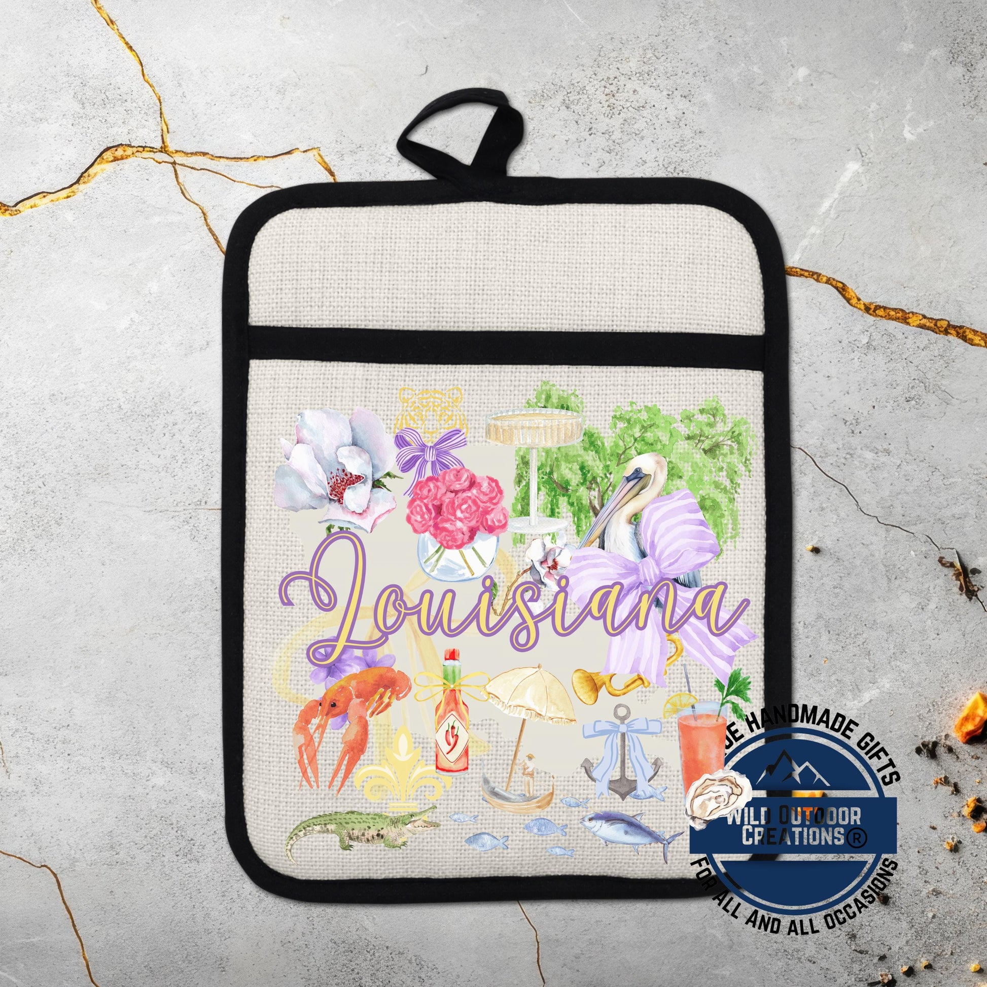 Louisiana Pot Holder | Non Slip Silicone Back Pocket Potholder Linen Kitchen Gift - product dimensions and specifications