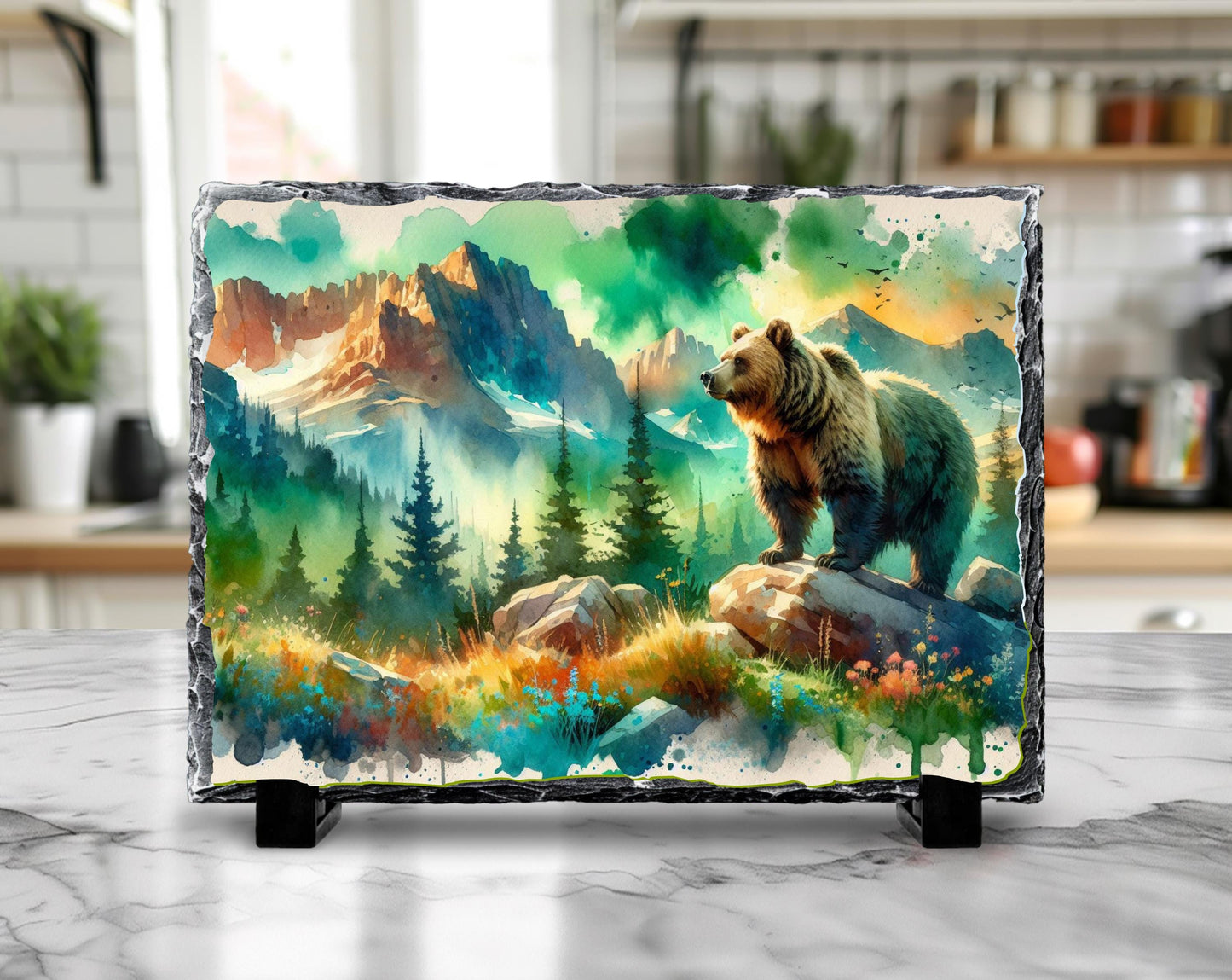 Rustic Bear Slate Plaque - Scenic River  Mountain Forest Decor Gift