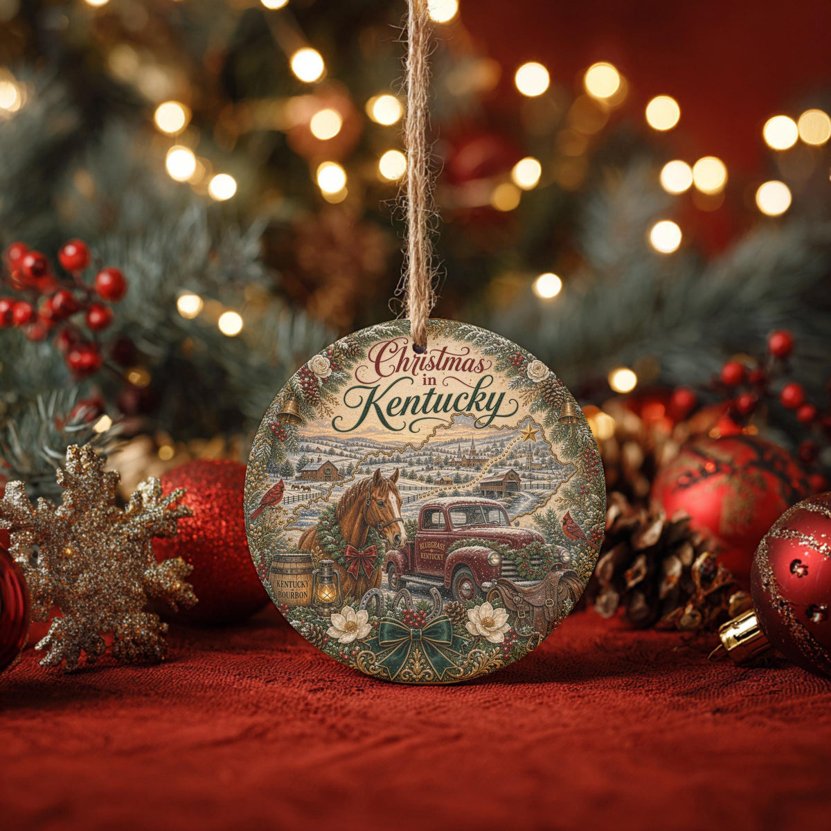 Kentucky Christmas Ornament, Bluegrass Horse Farm Ceramic Round