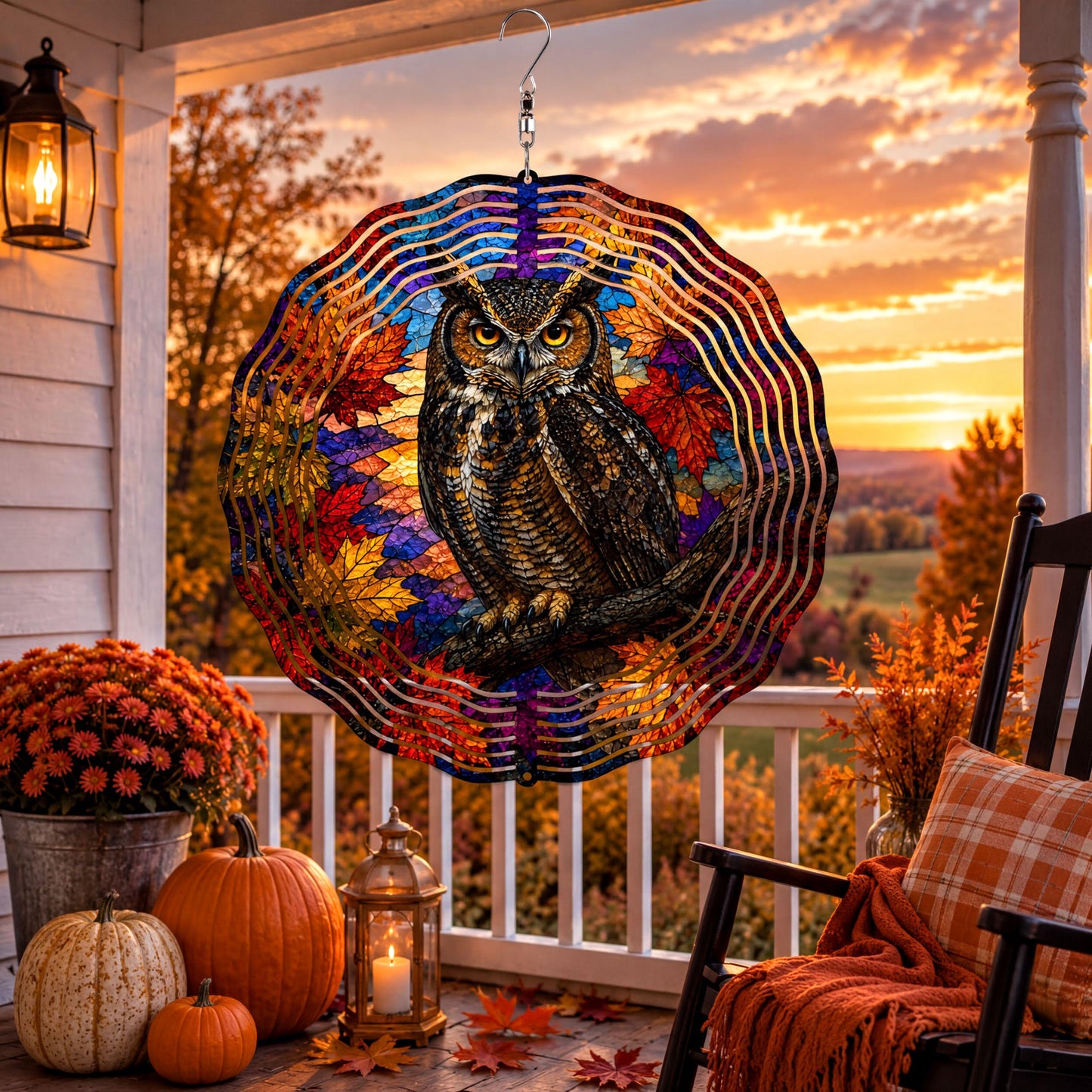 Great Horned Owl Faux Stained Glass Wind Spinner Fall Autumn Leaves Garden