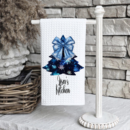 Personalized Blue Christmas Tree Kitchen Towel - Unique Holiday Decor Gift
