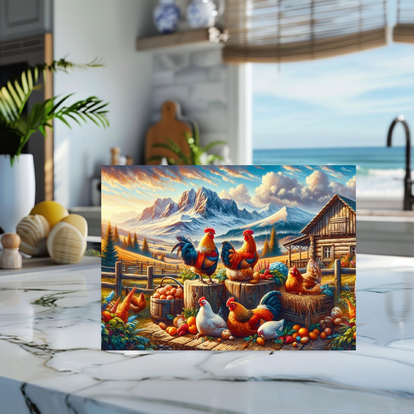 Mountain Farm Chicken Cutting Board - Rustic Glass Art Kitchen Decor Perfect Gift for Chicken Lovers