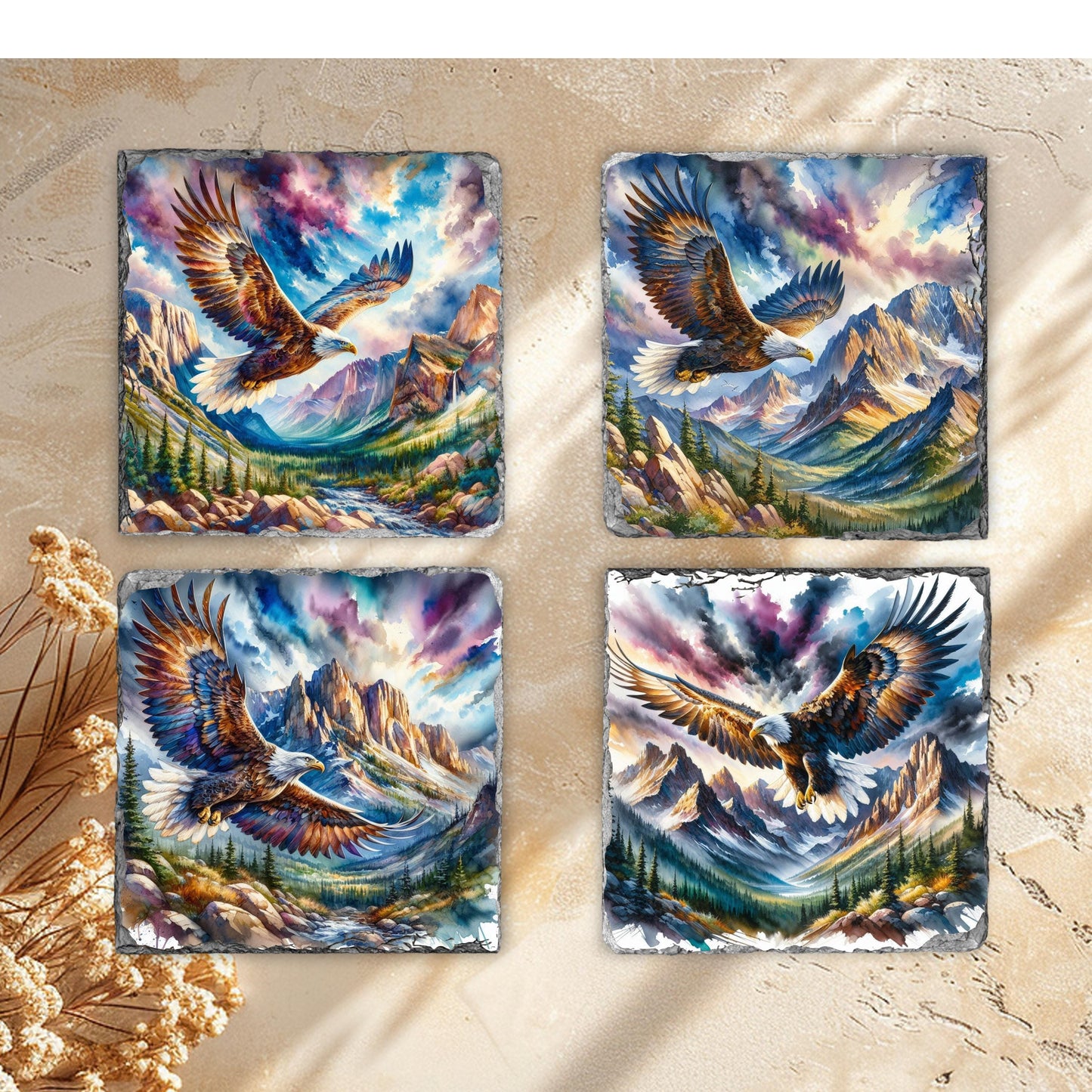 Eagle and Mountain Watercolor Slate Coaster Set with Fractured Edges  Perfect Rustic Gift for Wilderness Enthusiasts