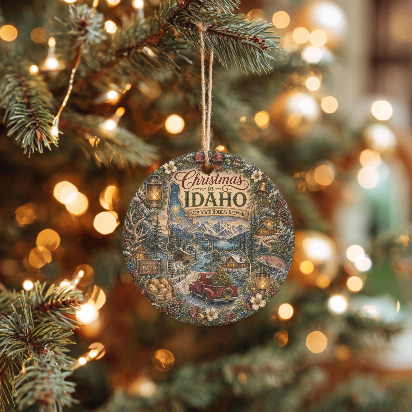 Idaho Ornament, Vintage Truck Ceramic Keepsake, Snowy Cabin Gift