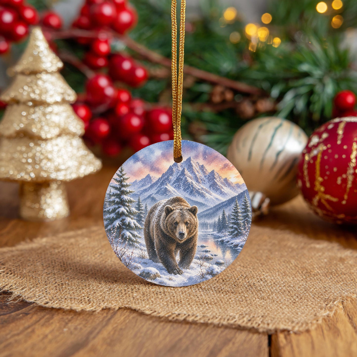 Grizzly Bear Ornament | Watercolor Mountains, Ceramic Keepsake