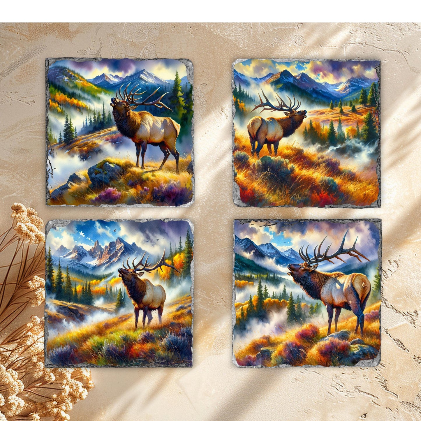 Elk Mountain Scene Slate Coaster Set with Watercolor Effect  Fractured Edges  Perfect Gift for Nature Lovers