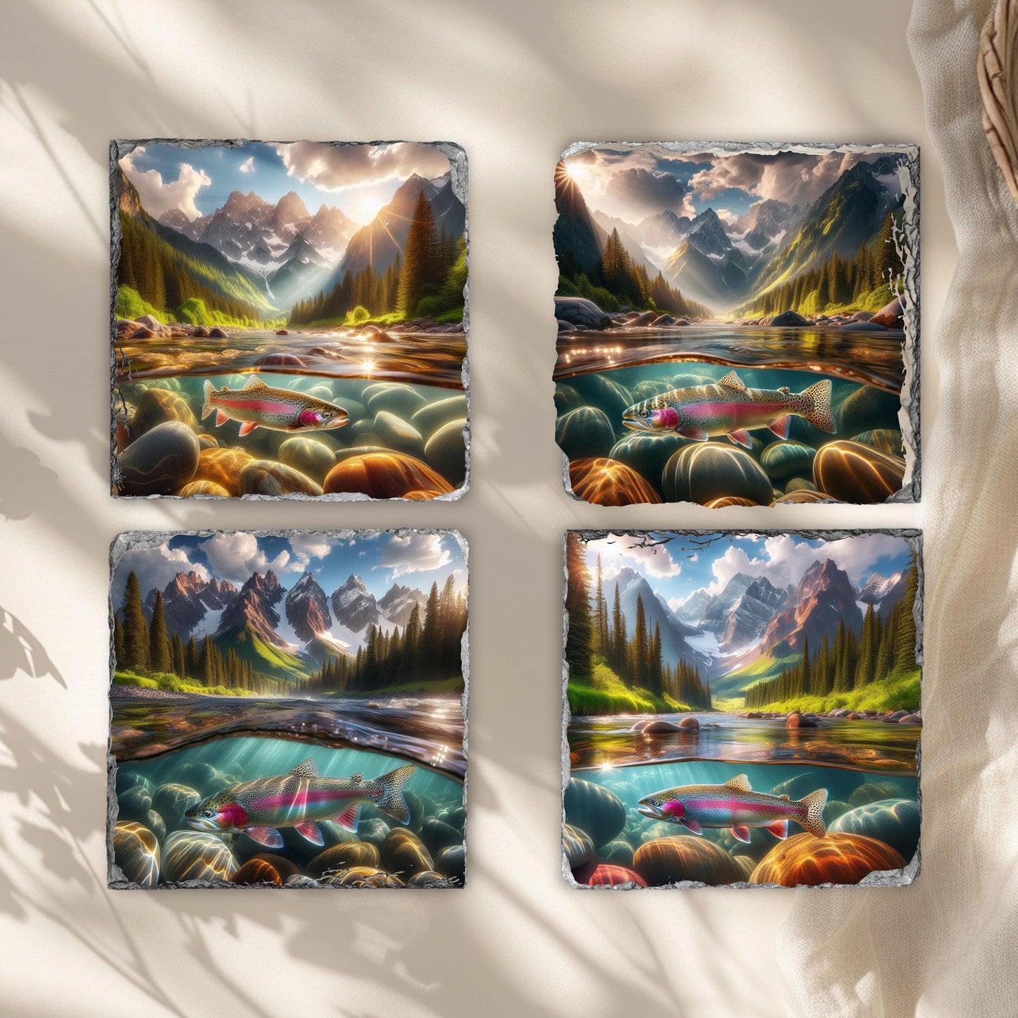 Rainbow Trout Slate Coaster Set with Fractured Edges - Ideal Gift for Fishermen and Outdoor Lovers