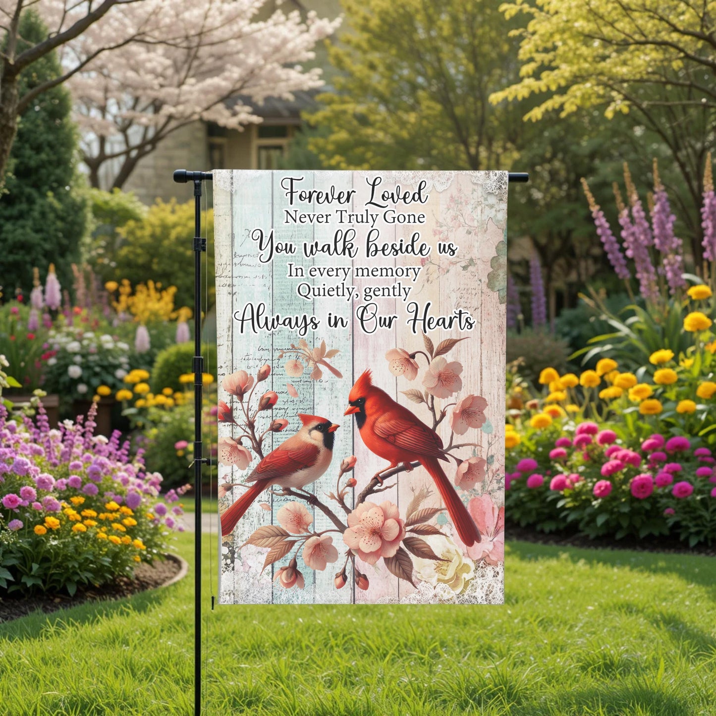 Memorial Garden Flag - Forever Loved Cardinal Tribute, Double Sided, Weather Resistant 12x18 - full product view