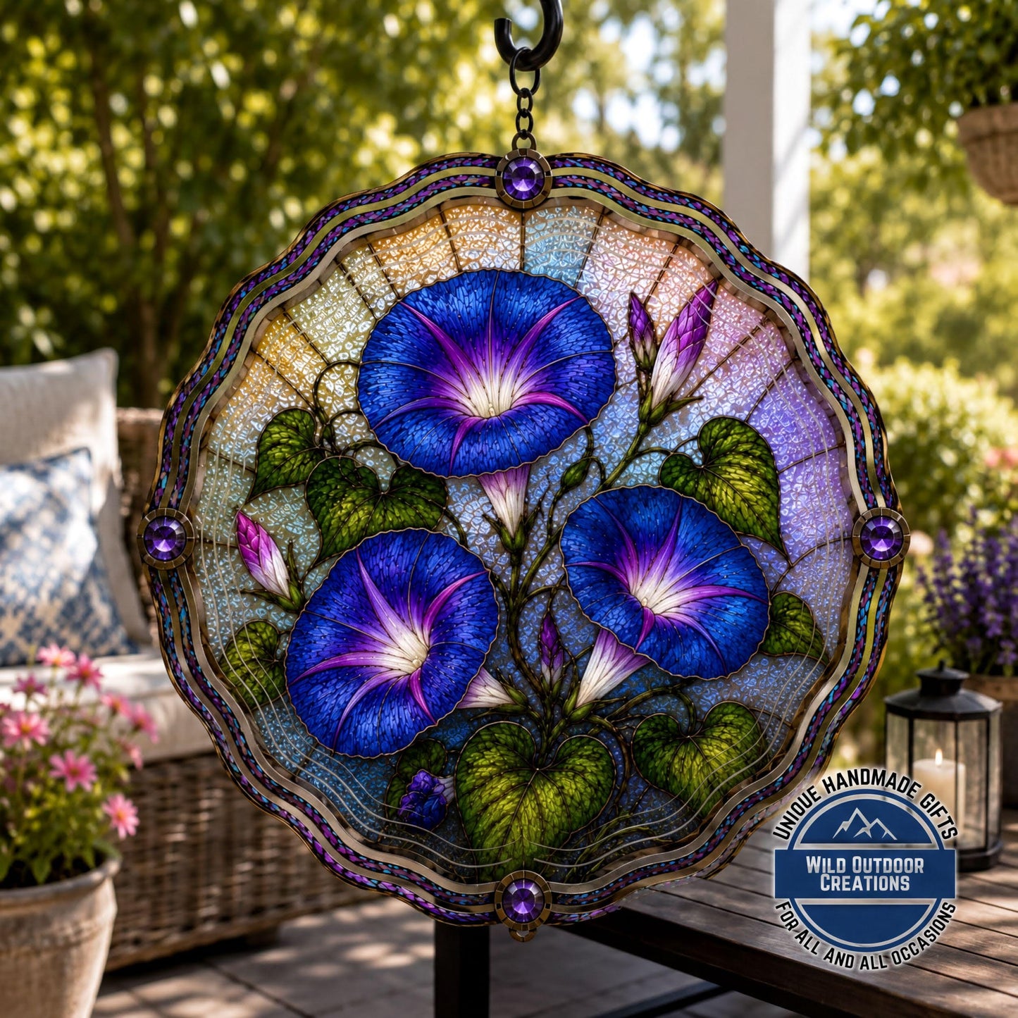 September Birth Flower Wind Spinner Morning Glory Faux Stained Glass Garden Gift Yard Art