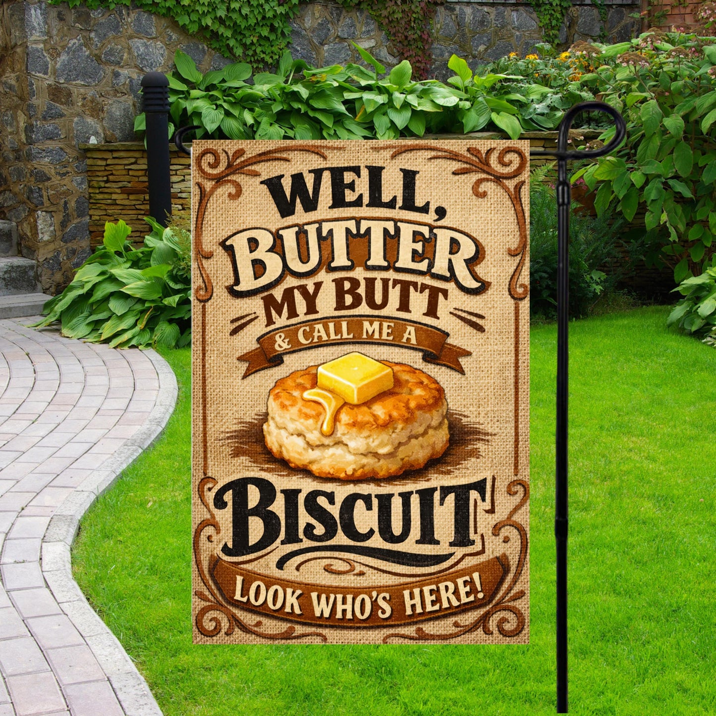 Southern Garden Flag – Funny Biscuit Flag Gift | Farmhouse Decor, UV Protected - displayed in garden