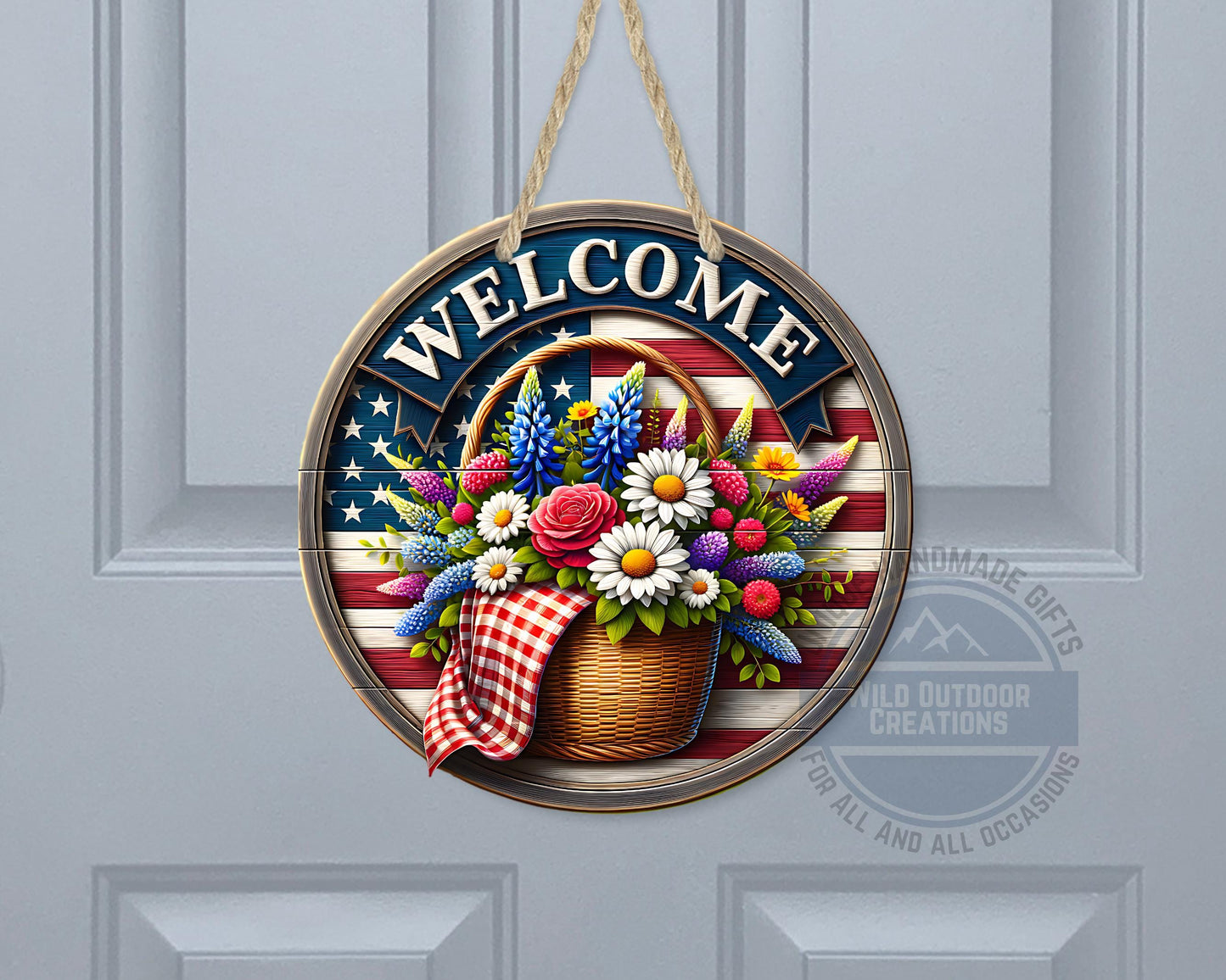 Patriotic Door Hanger - Aluminum Outdoor Sign With American Flag & Floral Basket