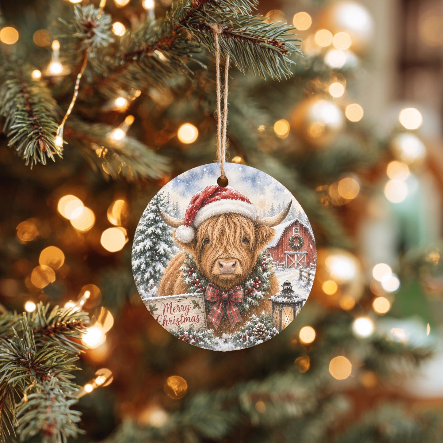 Highland Cow Ornament, Round Ceramic, 3 Inch Winter Barn Scene
