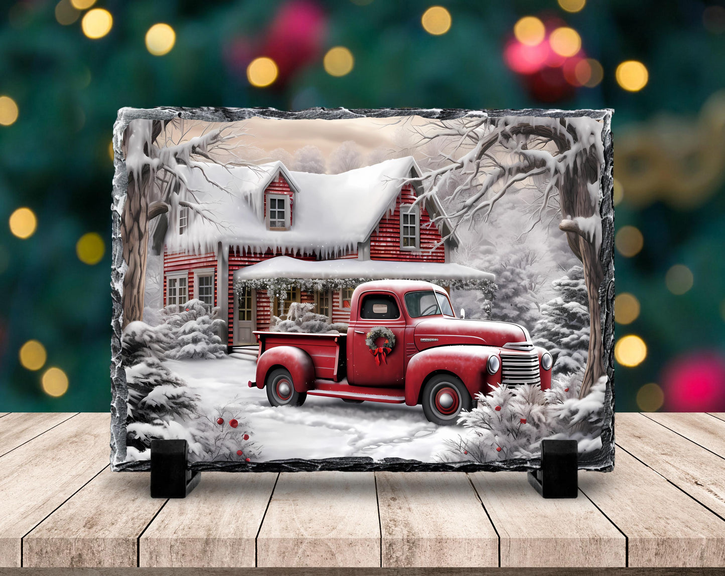 Winter Farm Scene Slate with Red Truck and Wreath - Festive Christmas Decor Gift for Home