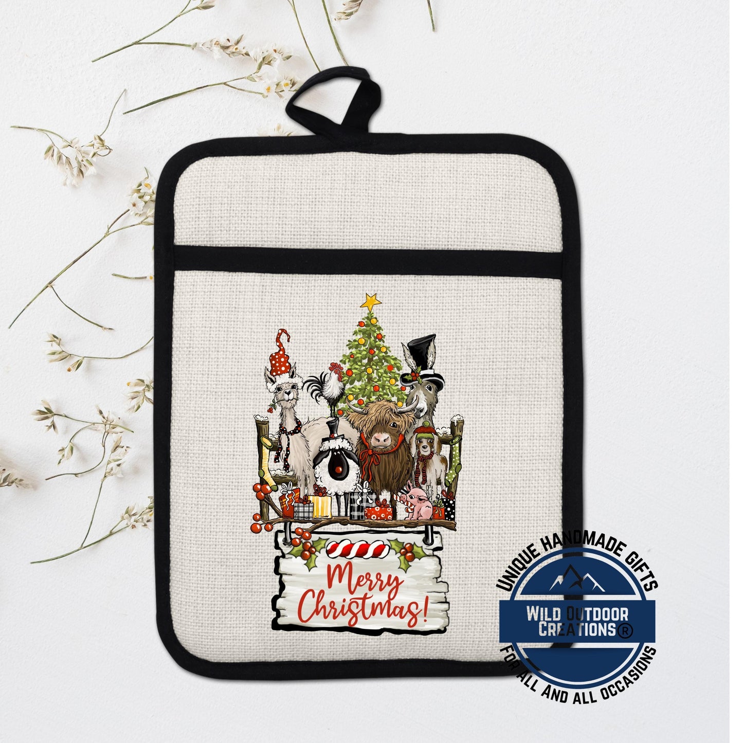 Farmhouse Pot Holder Linen Hot Pad Highland Cow Llama Christmas Kitchen Gift Decor