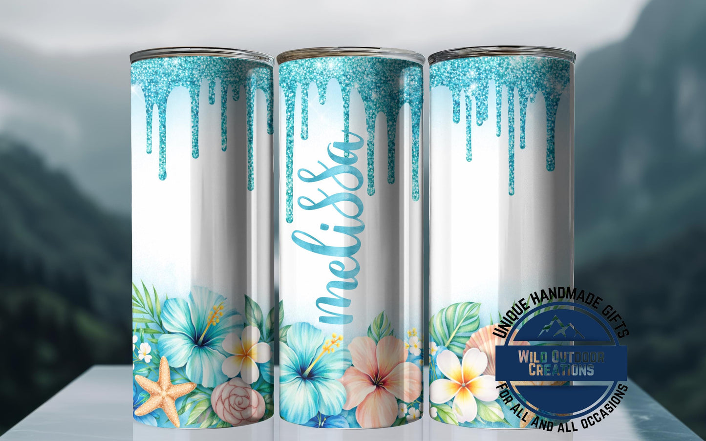 Personalized Tropical Tumbler - Double Wall Tumbler With Floral Beach Design & Glow Green