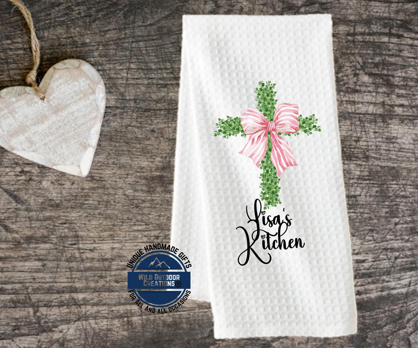 Personalized Kitchen Towel - Custom Name Cross Design with Pink Bow | Easter Gift - additional product photo 14