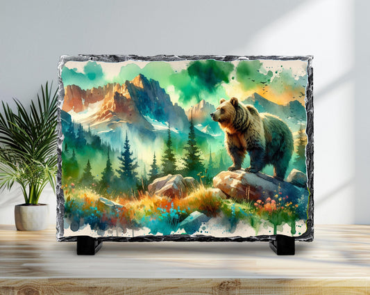 Rustic Bear Slate Plaque - Scenic River  Mountain Forest Decor Gift