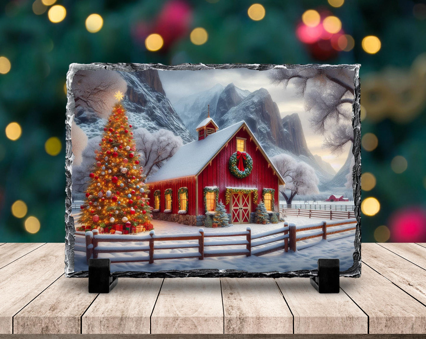 Rustic Slate Plaque with Christmas Barn Scene Tree  Wreath  Perfect Holiday Gift