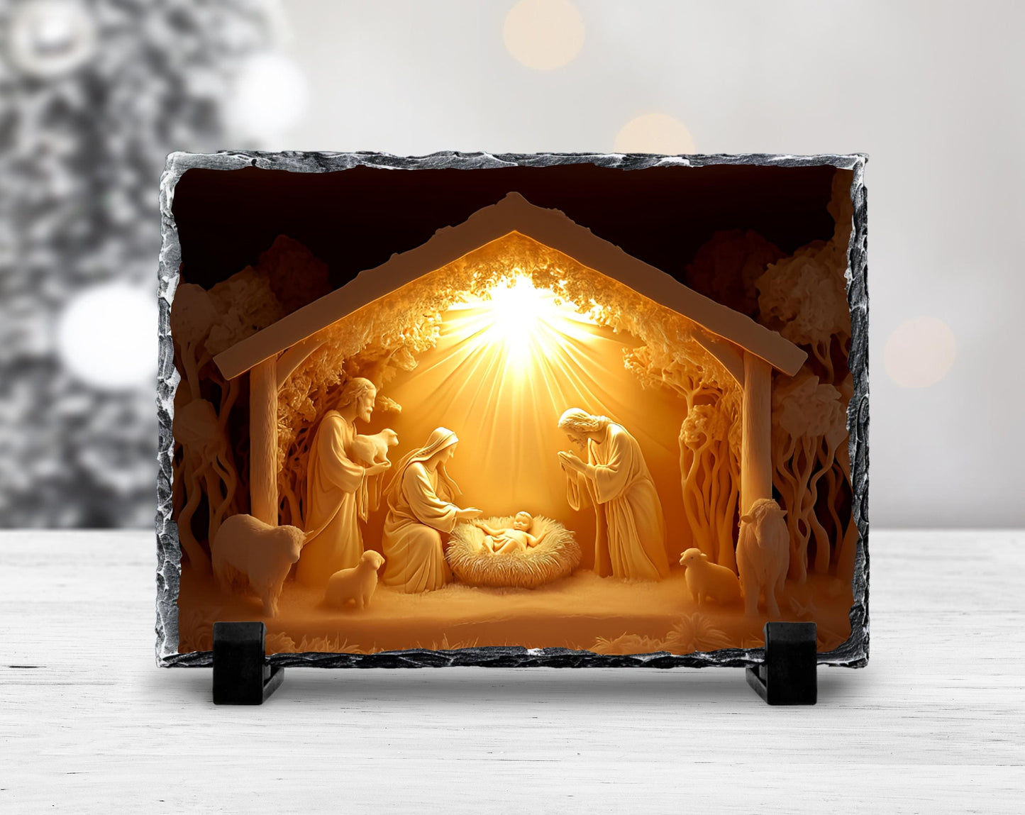 3D Glow Nativity Scene Slatestone Decor with Fractured Edges  Unique Religious Home Accent for Christmas Gifts