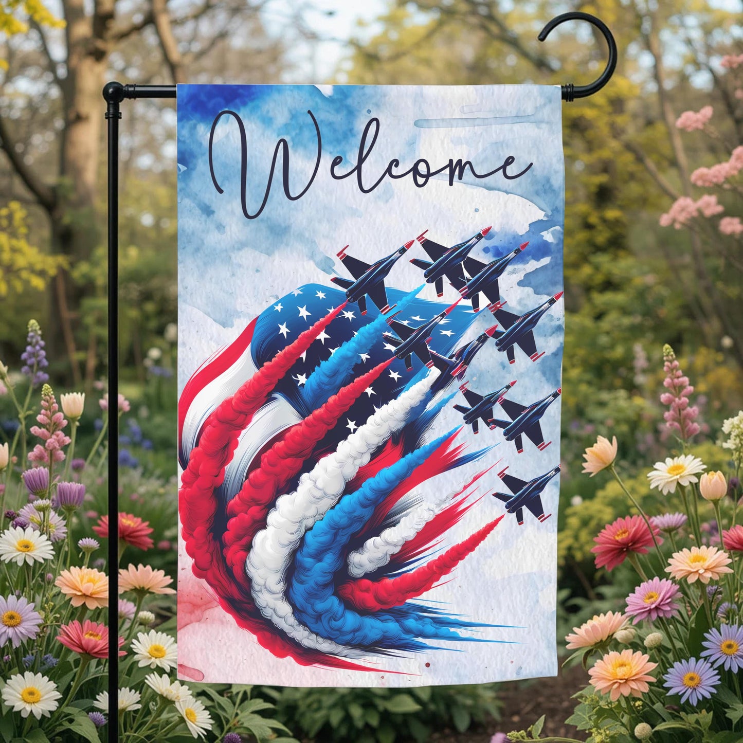 Patriotic Garden Flag - Double Sided 12x18 Red White Blue Fighter Jet Design - garden display